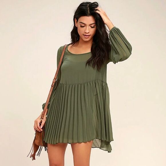 Lulus Olive Green Pleated Long Sleeve Swing Dress - Picture 2 of 11
